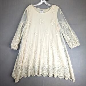 Paisley Vine Floral Cream Lace Sheer Overlay Dress Sz L Fairy Cottage Coquette